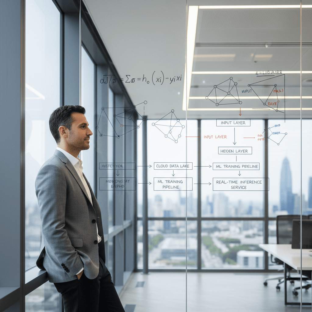 Karim reviewing technical architecture and ML diagrams in meeting space