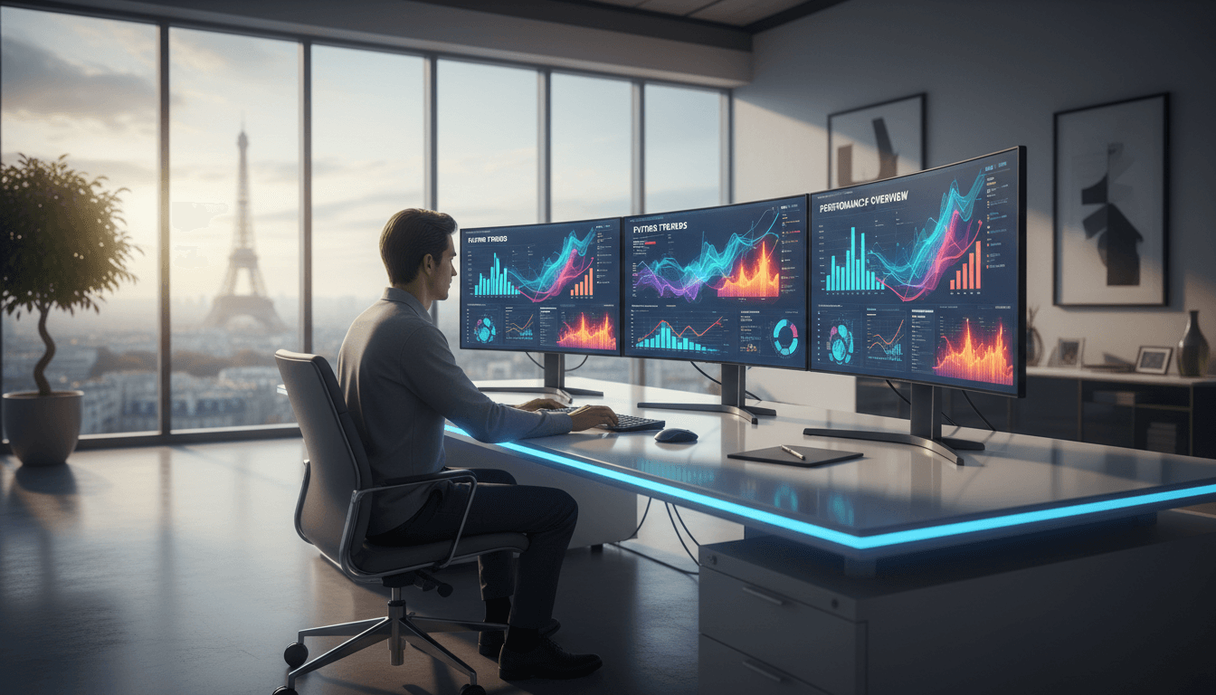 Data analyst reviewing AI predictive analytics dashboards in modern Paris office