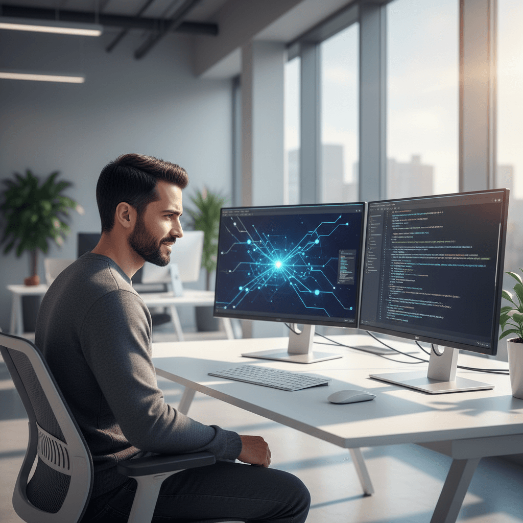 Karim Chakir working at computer with data visualizations