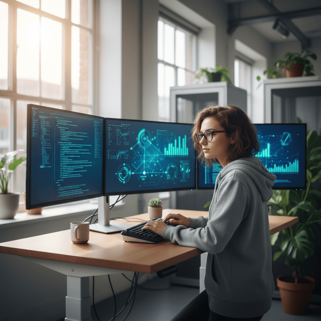 Developer working on AI model at standing desk with multiple monitors