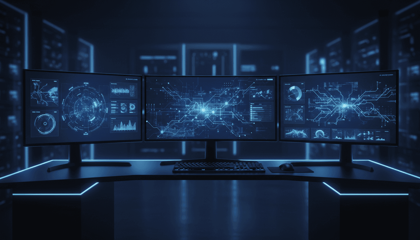 Modern tech workspace with AI dashboards and predictive analytics displays