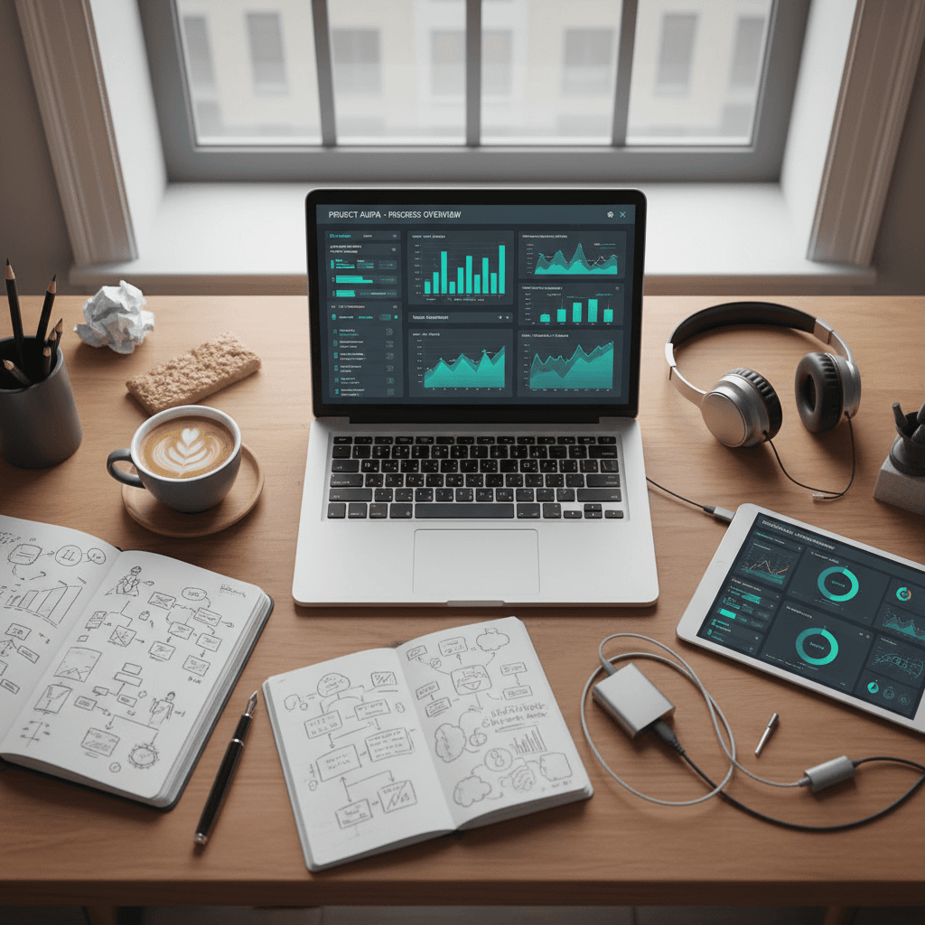 Overhead view of developer workspace with analytics dashboards