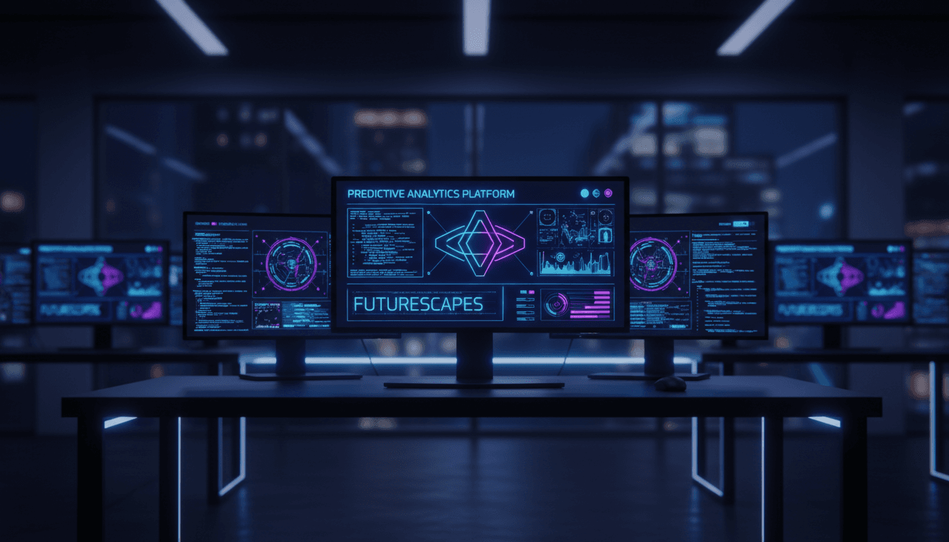 Modern tech workspace with AI dashboards and predictive analytics displays