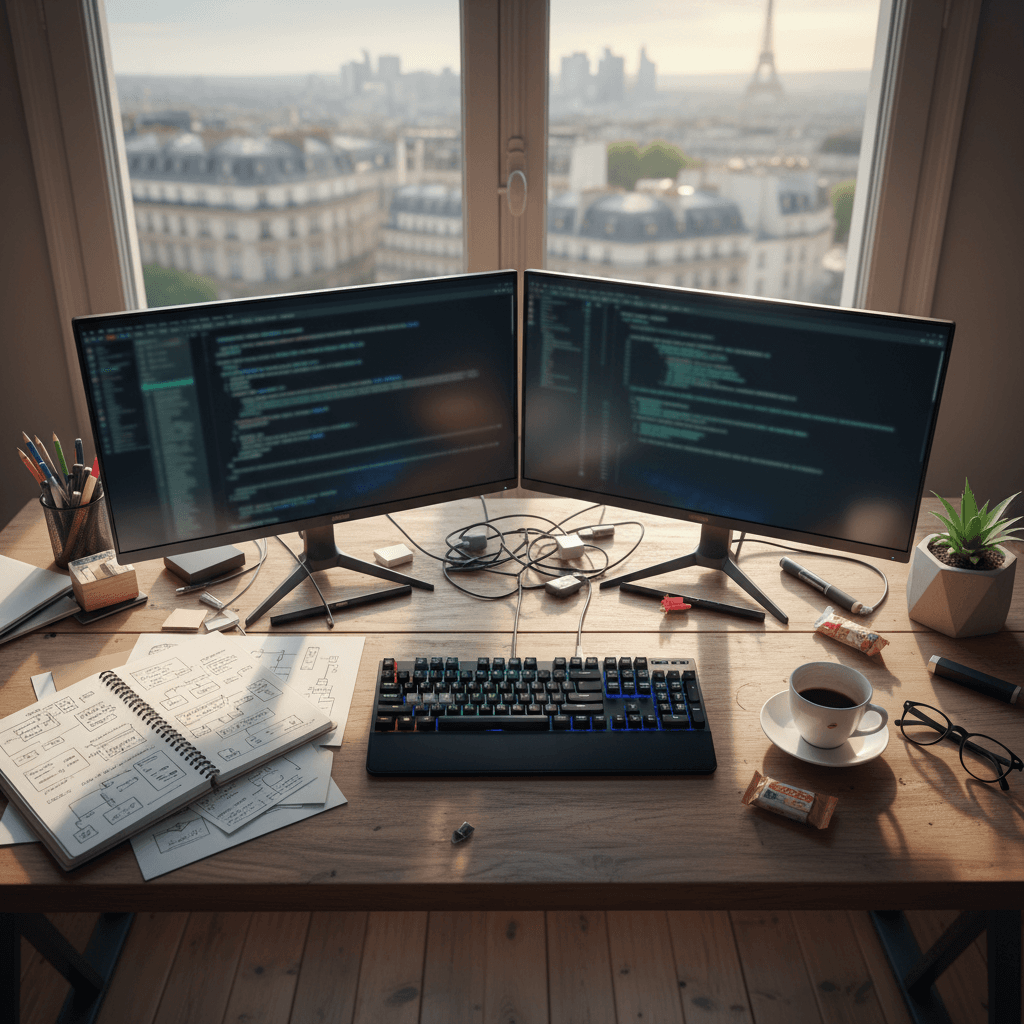 Workspace desk with development tools and sketches