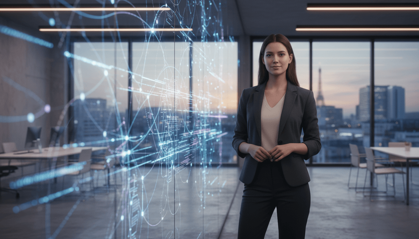 Tech professional standing before glowing neural network visualization in modern office