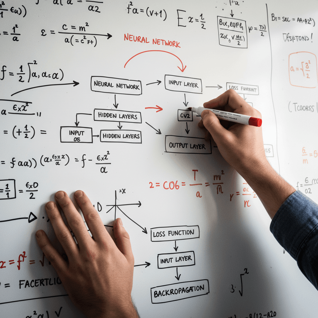 Machine learning engineer sketching algorithms on a whiteboard