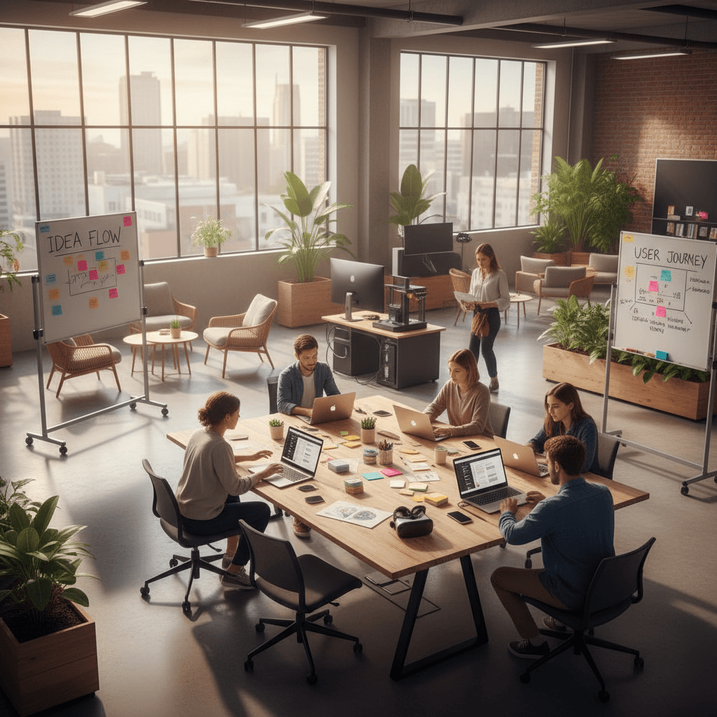 Open workspace at Aivanta Solutions with collaborative design setup