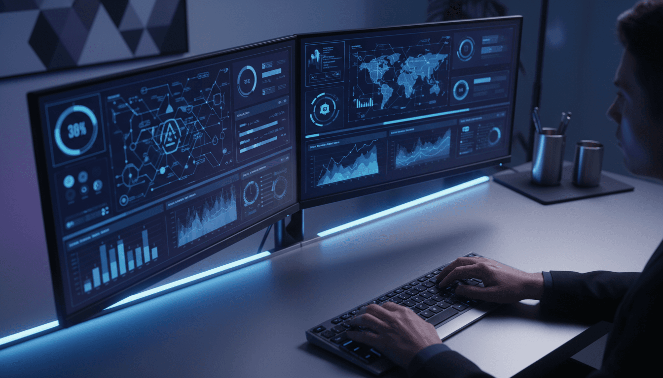Data analyst working with AI analytics on dual monitors in modern tech workspace
